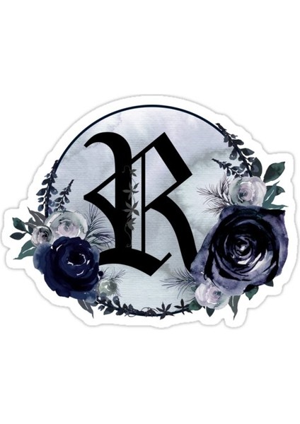 R' Harfi Gotik Siyah Çiçek Çemberi Monogram Sticker Araba Oto Arma Duvar Sticker