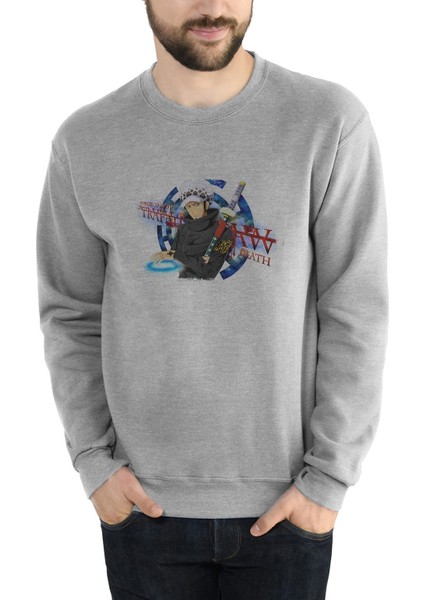 Anime One Piece Death Baskılı Gri Erkek Örme Sweatshirt Uzun Kol