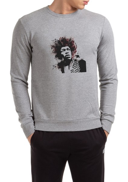 Jimi Hendrix Baskılı Gri Erkek Örme Sweatshirt Uzun Kol