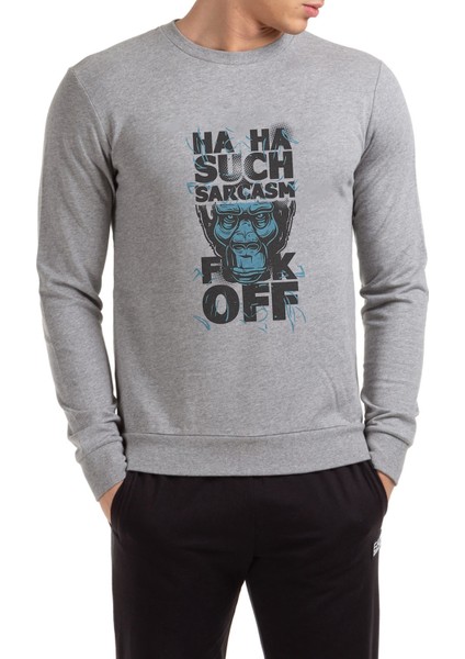 Sarcasm Baskılı Gri Erkek Örme Sweatshirt Uzun Kol