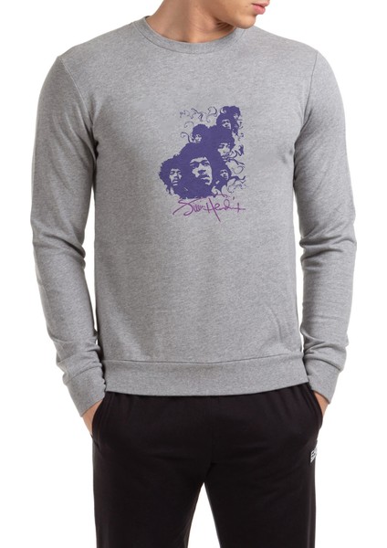 Jımı Hendrıx Purple Haze Baskılı Gri Erkek Örme Sweatshirt Uzun Kol