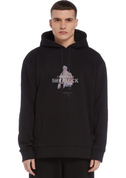 I Bellieve In Sherlock Baskılı Siyah Erkek Örme Kapşonlu Sweatshirt Uzun Kol