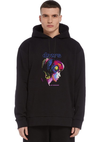 The Doors Jım Morrıson Baskılı Siyah Erkek Örme Kapşonlu Sweatshirt Uzun Kol