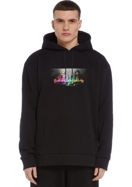Sword Art Online Baskılı Siyah Erkek Örme Kapşonlu Sweatshirt Uzun Kol