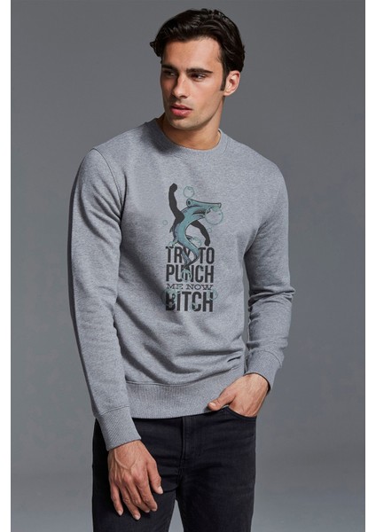 Try To Punch Baskılı Gri Erkek Örme Sweatshirt Uzun Kol