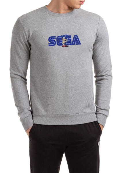 Sega Baskılı Gri Erkek Örme Sweatshirt Uzun Kol
