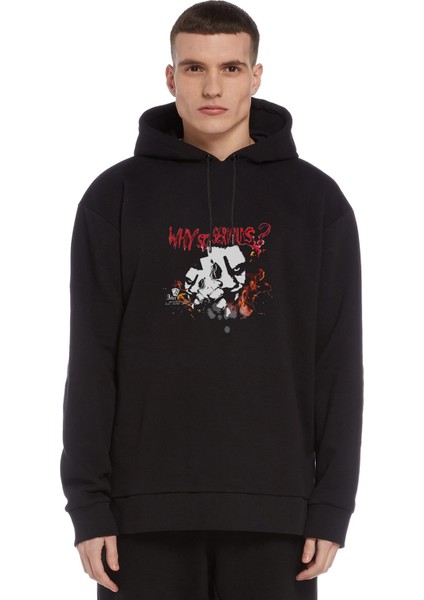 Why So Serıous Baskılı Siyah Erkek Örme Kapşonlu Sweatshirt Uzun Kol