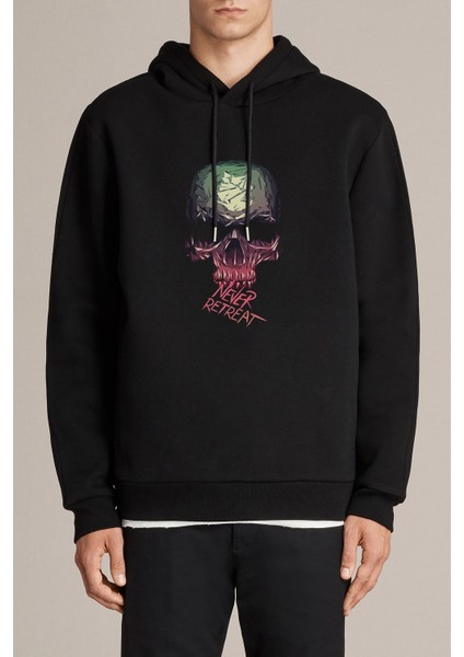 Computer Skull Baskılı Siyah Erkek Örme Kapşonlu Sweatshirt Uzun Kol
