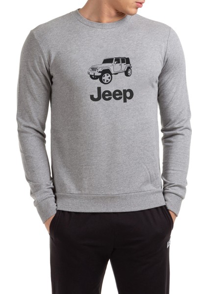 Jeep Baskılı Gri Erkek Örme Sweatshirt Uzun Kol