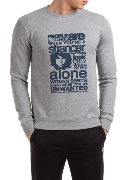 The Doors Baskılı Gri Erkek Örme Sweatshirt Uzun Kol
