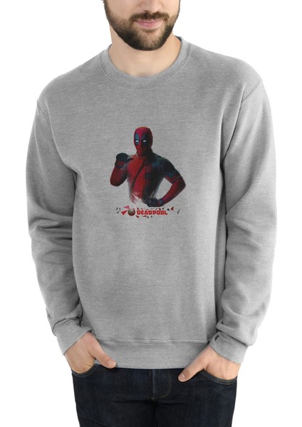 Deadpool Sulu Boya Çizim Baskılı Gri Erkek Örme Sweatshirt Uzun Kol