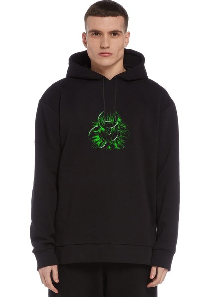 Nuclear Reactor Baskılı Siyah Erkek Örme Kapşonlu Sweatshirt Uzun Kol