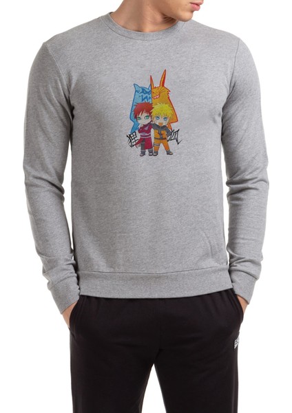 Naruto Tailed Beasts Baskılı Gri Erkek Örme Sweatshirt Uzun Kol