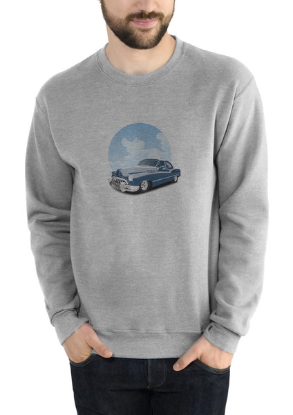 Classic Car Klasik Araba Baskılı Gri Erkek Örme Sweatshirt Uzun Kol