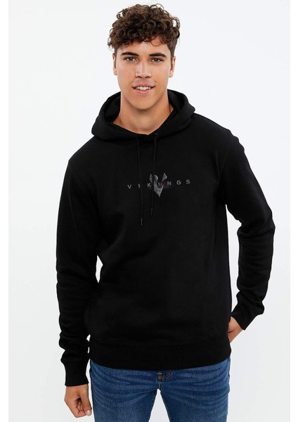 Vikings Baskılı Siyah Erkek Örme Kapşonlu Sweatshirt Uzun Kol
