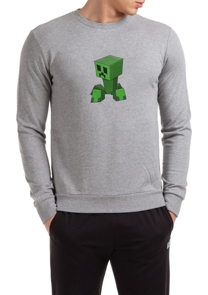 Minecraft Creepers Gonna Creep Siyah Çocuk Baskılı Gri Erkek Örme Sweatshirt Uzun Kol