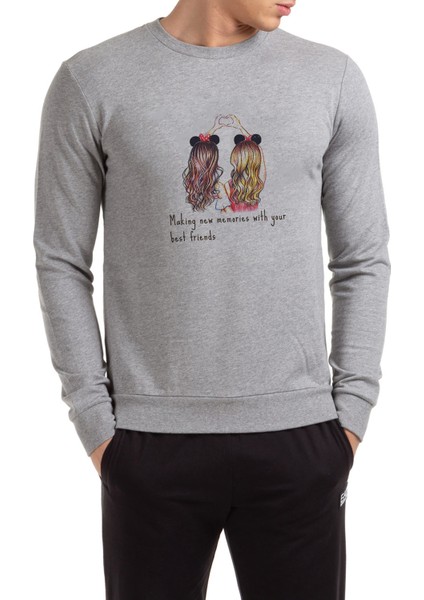 Best Friend Heart Baskılı Gri Erkek Örme Sweatshirt Uzun Kol