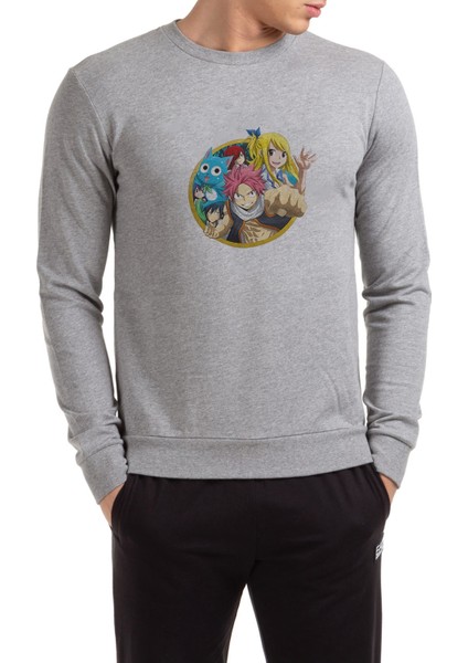 Anime Tail Grup Baskılı Gri Erkek Örme Sweatshirt Uzun Kol