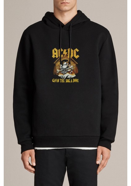 Ac Dc Gıvıng The Dog Baskılı Siyah Erkek Örme Kapşonlu Sweatshirt Uzun Kol