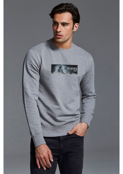 The Last Of Us Part 2 Baskılı Gri Erkek Örme Sweatshirt Uzun Kol