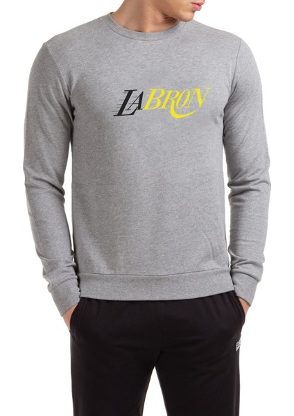 Lebron Lakers Baskılı Gri Erkek Örme Sweatshirt Uzun Kol