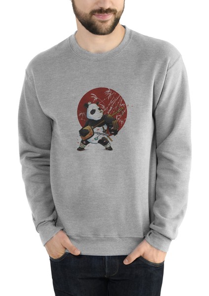 Panda Gitar Baskılı Gri Erkek Örme Sweatshirt Uzun Kol