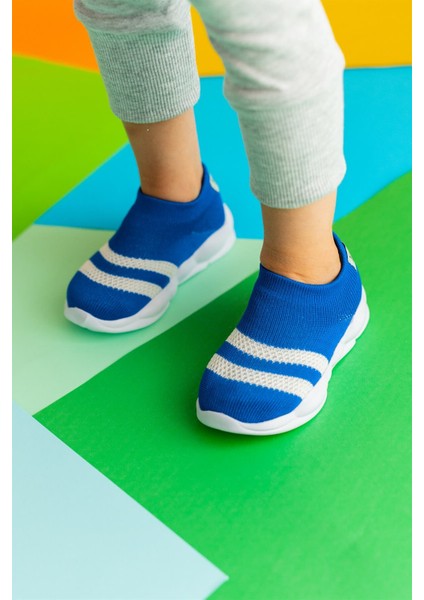 Ultra Hafif Memory Foam Iç Taban Çocuk Triko Spor Ayakkabı Beyaz Şeritli SAKS-M-1002