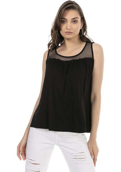 Yakası Dantelli Kalın Askılı Bol Kesim Siyah Body