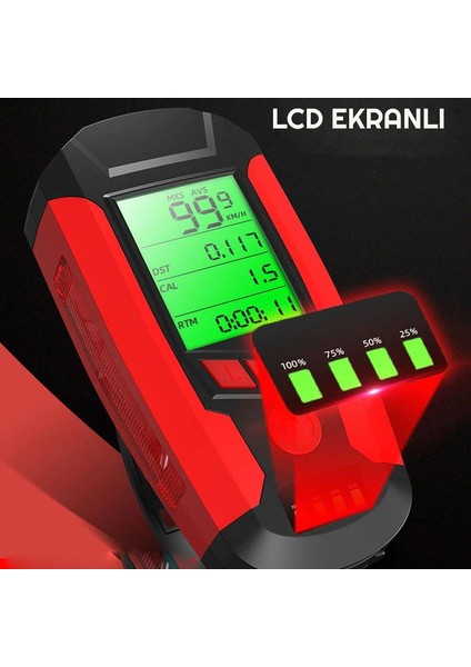LED Bisiklet Ön Işığı Far 5 Modlu Alarm Korna Su Geçirmez