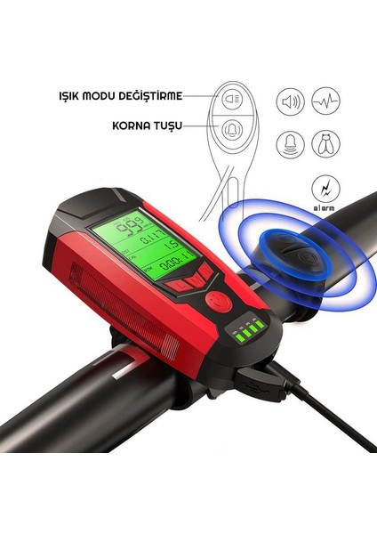 LED Bisiklet Ön Işığı Far 5 Modlu Alarm Korna Su Geçirmez