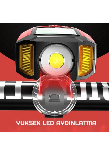 LED Bisiklet Ön Işığı Far 5 Modlu Alarm Korna Su Geçirmez