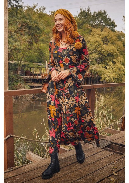 Desenli Kayık Yaka Belden Bağlamalı Ispanyol Kol Kadın Elbise