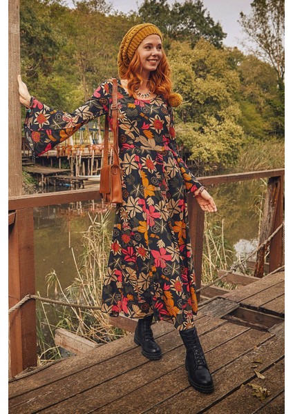 Desenli Kayık Yaka Belden Bağlamalı Ispanyol Kol Kadın Elbise fiyatları