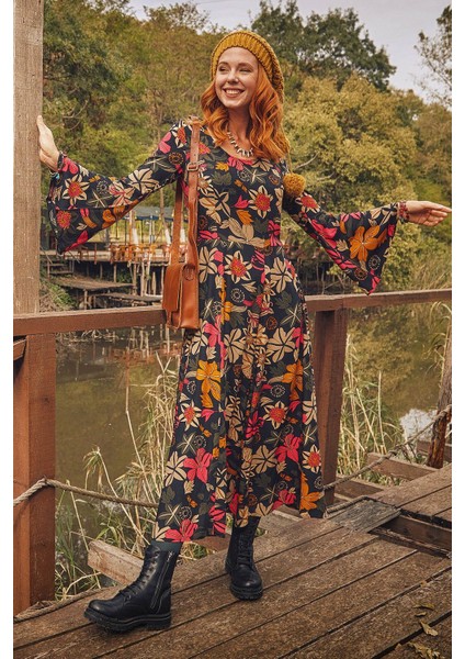 Desenli Kayık Yaka Belden Bağlamalı Ispanyol Kol Kadın Elbise modelleri