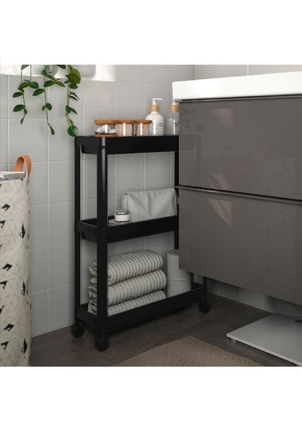 Siyah Vesken Tekerlekli Raf Unitesi - 3 Katlı Vesken Raf - Banyo Rafı - Mutfak Rafı - 54 x 18 x 71