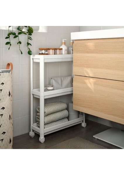 Beyaz Vesken Tekerlekli Raf Unitesi - 3 Katlı Vesken Raf - Banyo Rafı - Mutfak Rafı - 54 x 18 x 71