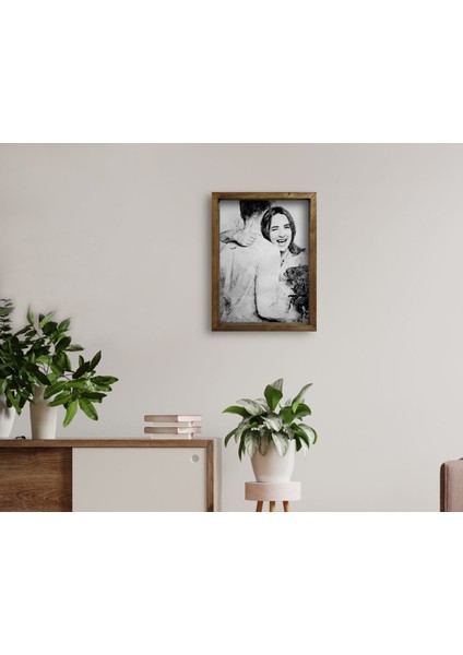 Gift Karakalem Sevgililer Fotoğraflı Doğal Masif Ahşap Çerçeveli Tablo 45X65CM-1