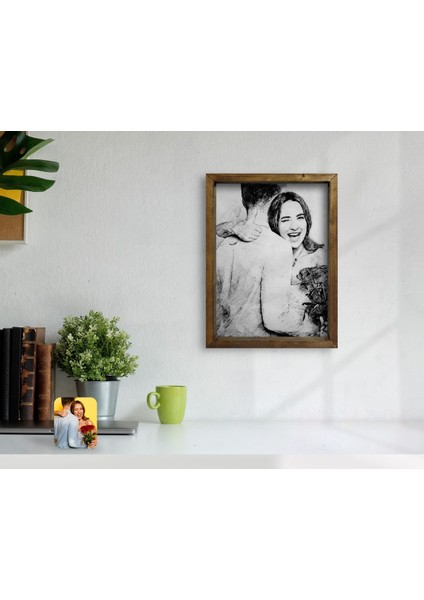 Gift Karakalem Sevgililer Fotoğraflı Doğal Masif Ahşap Çerçeveli Tablo 45X65CM-1