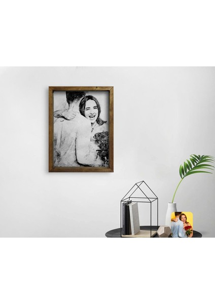 Gift Karakalem Sevgililer Fotoğraflı Doğal Masif Ahşap Çerçeveli Tablo 45X65CM-1