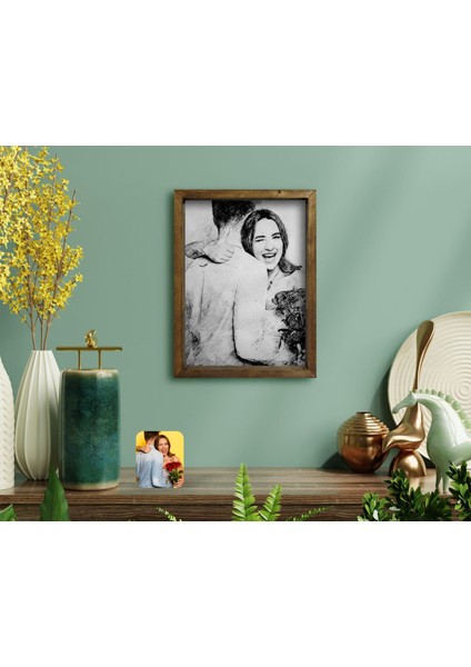 Gift Karakalem Sevgililer Fotoğraflı Doğal Masif Ahşap Çerçeveli Tablo 45X65CM-1