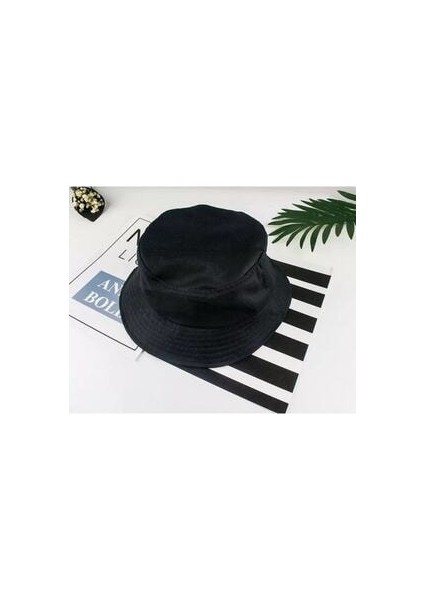 Düz Siyah Kova Şapka Balıkçı Şapka Bucket Hat