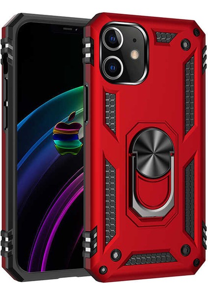 - Apple iPhone 12 Mini - Kılıf Yüzüklü Zırh Tank Vega Kapak - Kırmızı