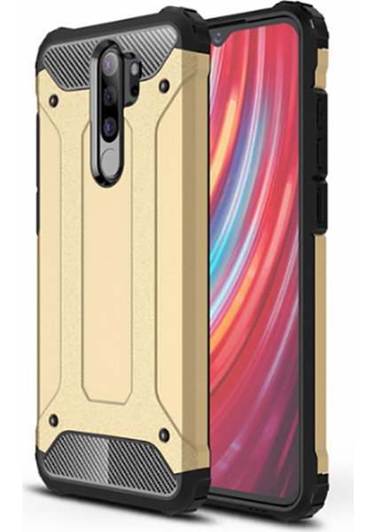 - Xiaomi Redmi Note 8 Pro - Kılıf Çift Katman Zırh Tank Crash Military Kapak - Gold