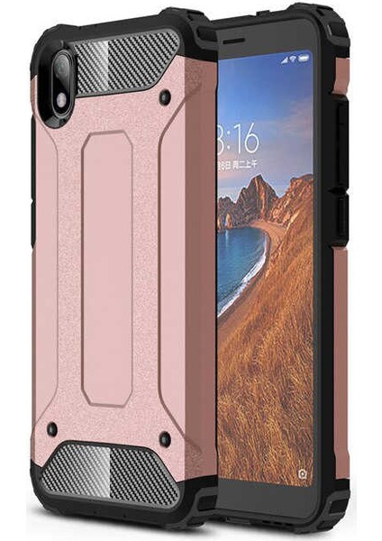- Xiaomi Redmi 7A - Kılıf Çift Katman Zırh Tank Crash Military Kapak - Rose Gold - T9322
