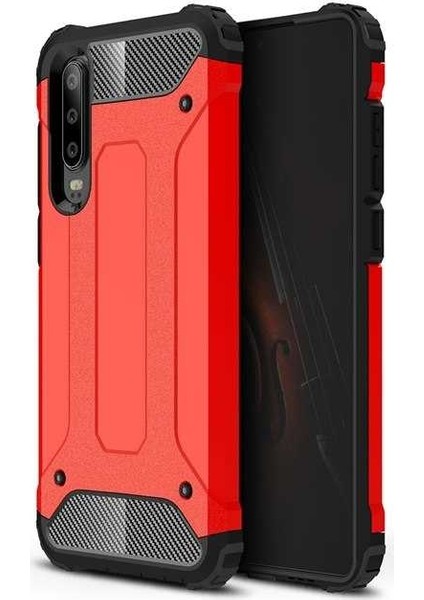 - Huawei P30 Lite - Kılıf Çift Katman Zırh Tank Crash Military Kapak - Kırmızı - T7847