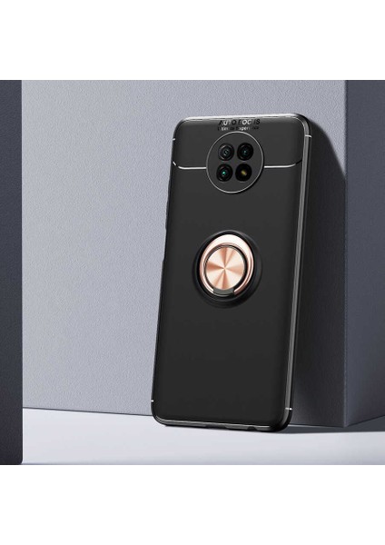 - Xiaomi Redmi Note 9 5G - Kılıf Yüzüklü Karbon Ravel Silikon Kapak - Siyah-Rose Gold