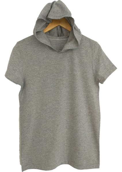Basic Gri Melanj Unisex Kısa Kollu Kapüşonlu Slim Fit T-Shirt fiyatları