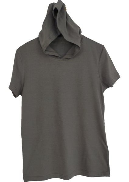 Basic Füme Unisex Kısa Kollu Kapüşonlu Slim Fit T-Shirt