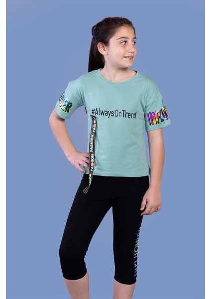 Toontoy Kız Çocuk Şerit Detaylı Renkli Baskılı Taytlı Takım