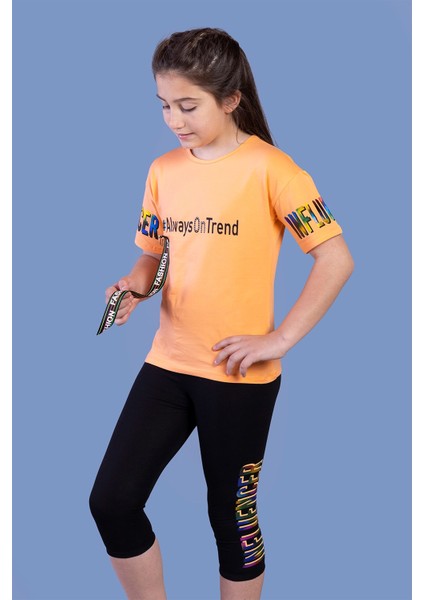 Toontoy Kız Çocuk Şerit Detaylı Renkli Baskılı Taytlı Takım